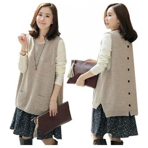 Women Sweater Vest Womens Knitted round Neck Vest Autumn and Winter Loose Large Size Woolen Waistcoat Buckle Vest with Pocket