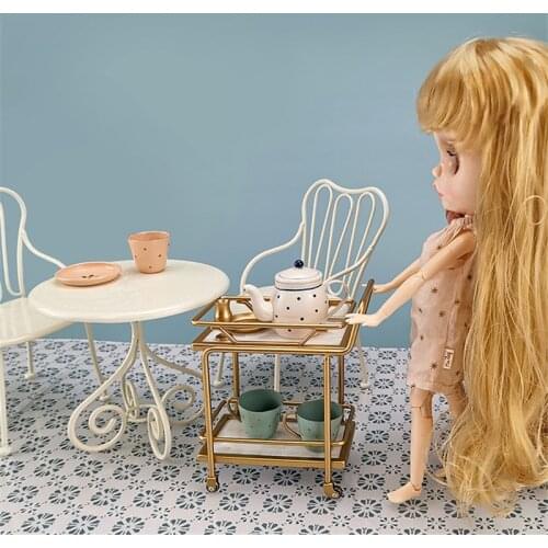 Aizulhomey Fritillaria Dining Car Dessert Cart Trolley Dollhouse Kitchen Food OB11 BJD Lol Mouse Doll Furniture 1/6 Accessories