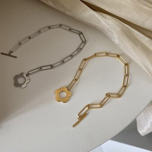 ALLNEWME Personality Gold Silver Color Flower Charm Bracelet for Women Brass Hollow Link Chain Bracelets Minimalist Accessories