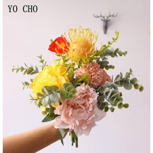 YO CHO Artificial Silk Flower Bouquet Mixed Rose Peony Hydrangea Pompon Wedding Bouquet Dropshipping Flower Wedding Supplies