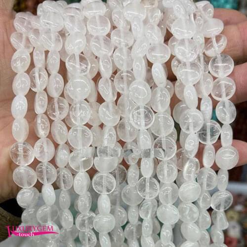 Natural White Crystal Stone Loose Beads High Quality 10mm Smooth Flat Coin Shape DIY Gem Jewelry Accessories 38Pcs a3681