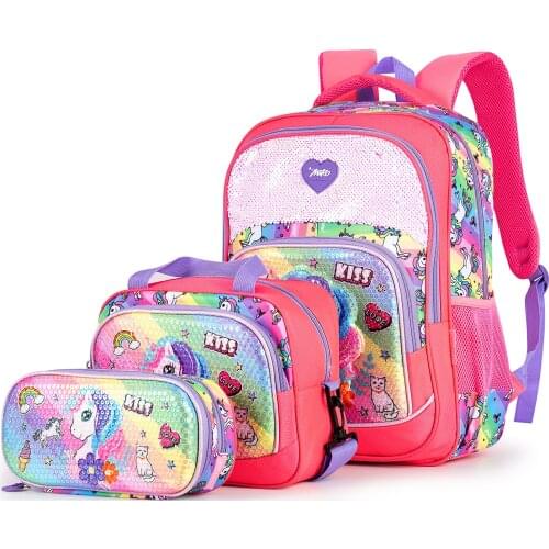 MIKO 2021 Design Brand Sequins Unicorn 3D Cartoon 3 PCS Set Student Children Kids School Bags Backpack for Girls with Lunch Bag