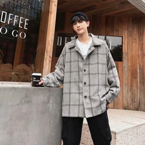 Men Blends Winter Fall Plaid Mens Coat Jacket Outwear Simple All-match Casual Preppy Korean Trendy Ulzzang Teens Woolen Chic Ins