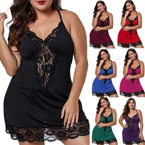 Women 8 Colors Plus Size Lace Trim Women Lingerie Dresses + Thong 2 Pieces Sets Female Sexy Satin Nightgowns Large Size S-5XL