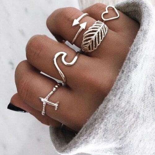 5pcs/set Women Mid Finger Rings Knuckle Rings Boho Silver Color Plane Birds Heart Ring Set Vintage Jewelry Leaf Opals Rings