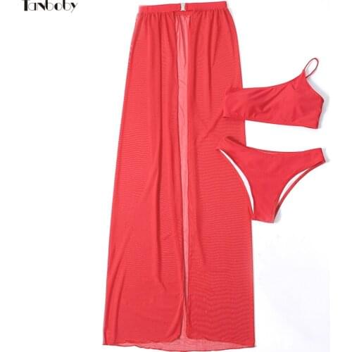Red Bikini With Long Skirt Cover Up 3 Pieces Swimming Suits Summer Beachwear Sexy One Shoulder Womens Swimwear Bathing Suits