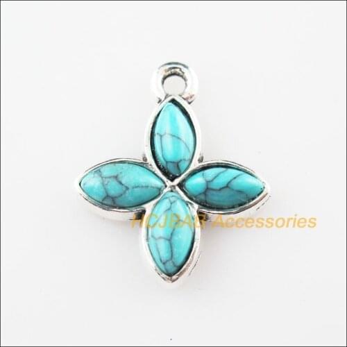 Fashion 10Pcs Retro Tibetan Silver Tiny Flower Stone Charms Pendants 15x18mm