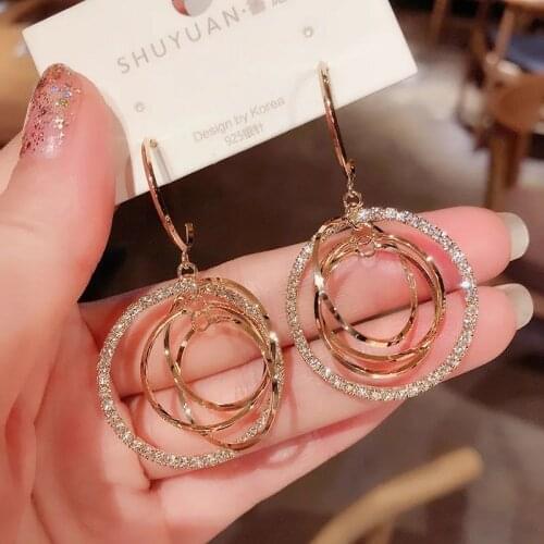 Fashion Round Geometric Drop Earrings Luxury Gold Color Multilayer Rhinestone Earring for Women Party Wedding Jewelry Gift