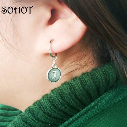 SOHOT Punk Letter J Round Disc Pendant Men Women Hoop Earrings Vintage Silver Color Alloy Hot Sale Trendy Party Jewelry