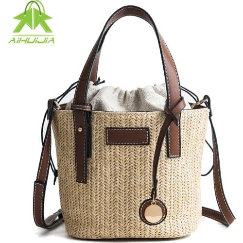 New Fashion Female Bucket Cylindrical Straw Handbag Summer Beach Bags Bohemia Straw Woven Women Crossbody Bags Shoulder Tote Bag
