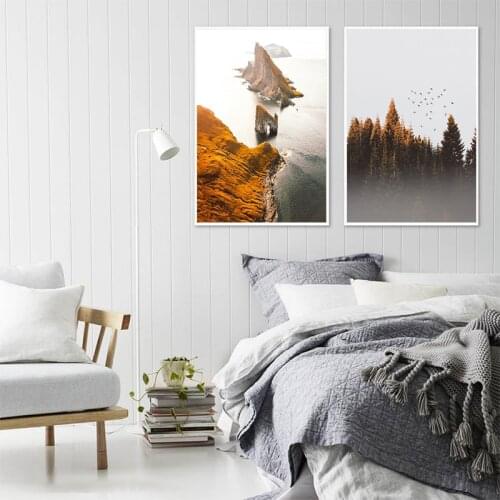 Autumn Nature Landscape Poster Nordic Style Scandinavian Foggy Forest Wall Art Poster Mountain Print Canvas Painting Decoration