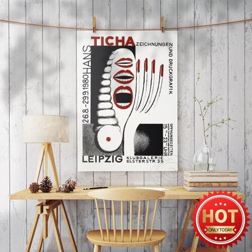 Hans Ticha Artworks Poster, Leipzig Exhibition Art Prints, Abstract Lips Hand Teeth Wall Art, Vintage Art, Gallery Mural Decor