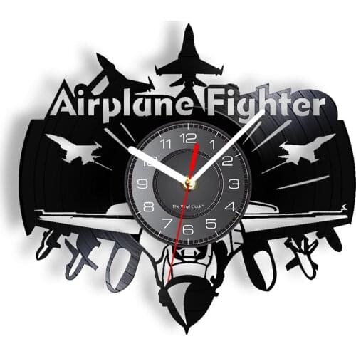 Airplane Fighter Vinyl Album Re-purposed Record Clock Fighter Aircraft Pilot Wall Watch With LED Illumination Vinyl Handicraft