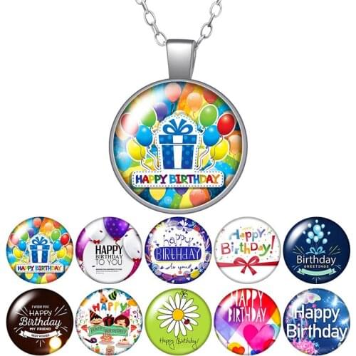 Happy birthday Gift Cake congratulate Round Pendant Necklace 25mm Glass Cabochon Silver plated Jewelry Party Birthday Gift