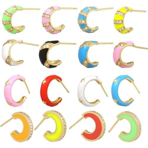 1 Piece Enamel Stud Hoop Earrings Neon Green Yellow Bright Fluorescent Jewelry Geometric Round CZ Gold Color Earring 2021