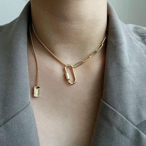 SRCOI Fashion Geometric Metal Stitching Chain Oval Buckle Long Tassel Hip Hop Punk Necklace Women Temperament Jewelry Gifts