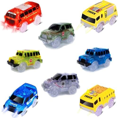 Glow Track Cars with 5 LED Lights, 4 Pack Replacement Race Cars Compatible with Dinosaur Tracks and Magic Tracks