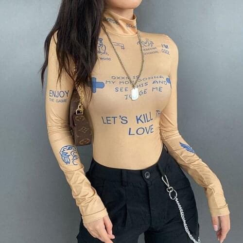 Woman Sexy Letter Cartoon Print Slim Jumpsuit Turtleneck Long Sleeve Elastic Ladies Bodysuit Leotard Bodycon Bandage Mesh Romper