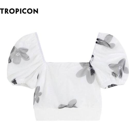 TROPICON White Off Shoulder Blouse Women Puff Sleeve Crop Top Backless Short Sleeve Square Neck Chiffon Blouse 2021 Fashion