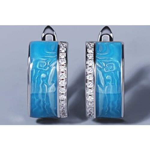 2021 New Ladies 925 Silver Blue Earrings Handmade Enamel Epoxy Zircon Earrings Sparkling White Zircon Ladies Jewelry Earrings
