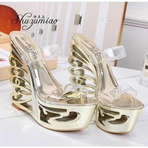 New Wedges Women Shoes PVC Transparent Slope Heel Shoes Woman Summer HOT 2020 Sexy Extra High Heel 14.5CM Shoes Female Slipper