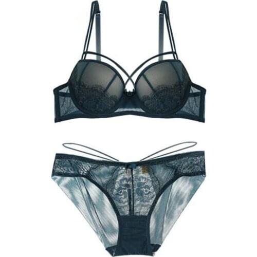 Sanderala Women Sexy Underwear Push Up Set Cotton Brassiere Deep V Black Lace Bra and Panty Sets Embroidery Women Lingerie Set