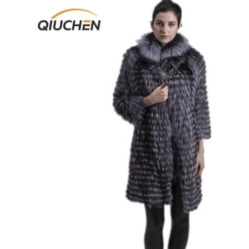 QIUCHEN PJ8141Real Silver Fox Fur Coats Fashion Fur Jacket Striped Style Overcoat Women Fox Fur Outerwear Clothes