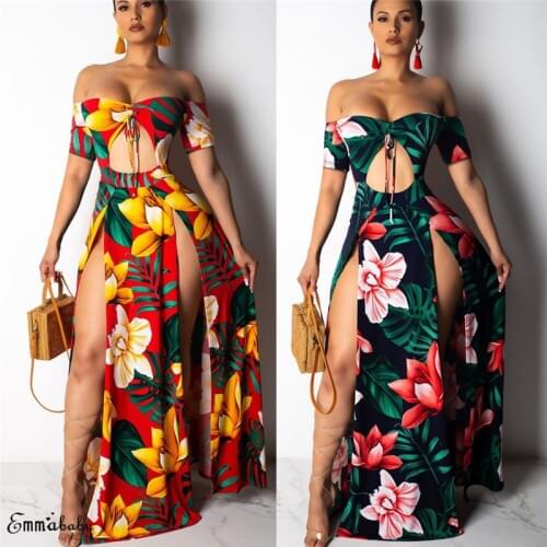 New Women Floral Maxi Dress Prom Evening Party Summer Short Sleeve Beach Boho Casual Off-shoulder Long Sundress Green Red