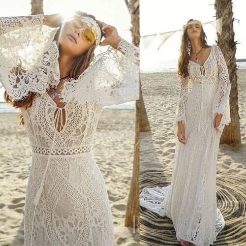 2021 Lantern Sleeve Beach Bridal Gown V-Neck Train Trailing Backless Lace New Spring Summer Autumn Bohemian Wedding Dress
