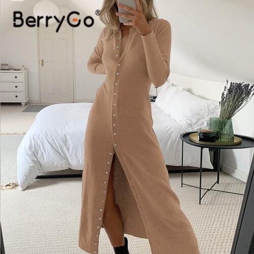 BerryGo High street khaki long sleeves women winter dress 2021 Casual buttons solid lapel dress Slim female shirt collar vestido