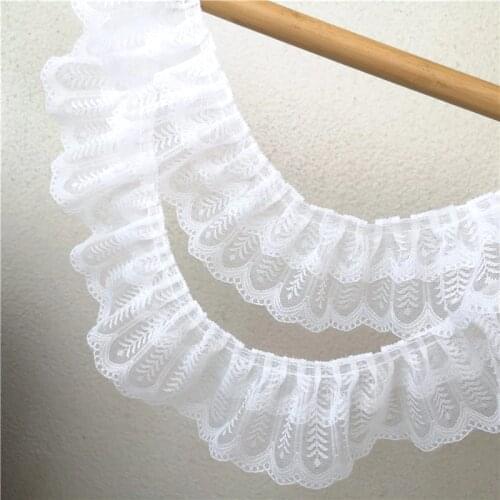 1Yards Pleated Lace Fabric Applique Doll Ribbon 9CM Guipure Flower Party Dress Decor Black White Lace Collar Sewing Craft RG22