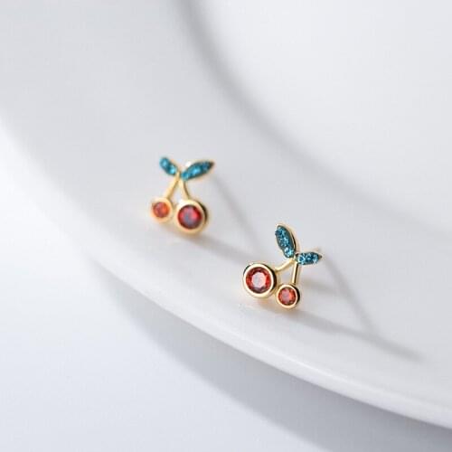 100% Real 925 Sterling Silver Cute Cherry Stud Earrings Small Colorful Fruit Earrings for Women Girls