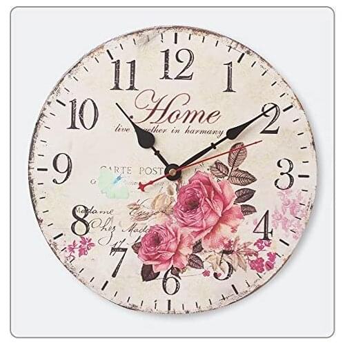 12" Wooden Flower Wall Clock Rustic Chic Kitchen Floral Home Decorative Print
