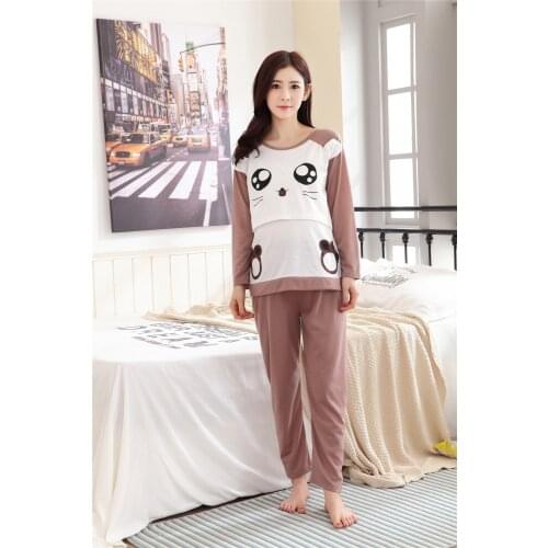 Women 2pcs Maternity Sets Cartoon Spliced Tops+Pants Maternity Sleepwear Sets Breastfeeding Nursing Sleepwear For Pregnant Women