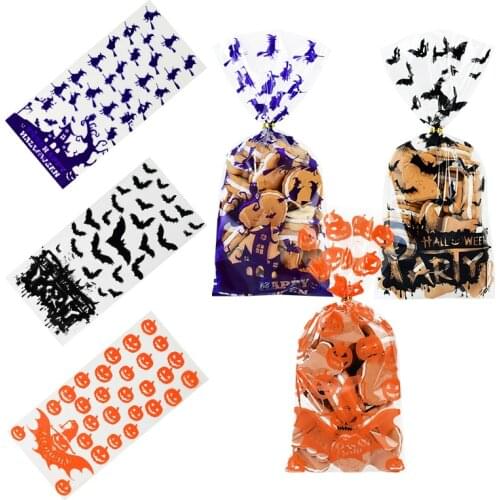 50pcs Happy Halloween Plastic Bag Cartoon Witch Pmkuins Bat Candy Cookie Kids Gift Wrapping Bas For Halloween Decoration Supplie
