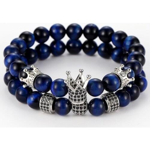 8mm 2PCS/Set hfg53 elastic adjusted nature blue Tigereye bead micro pave cz zircon cubic zirconia Crown Bracelet