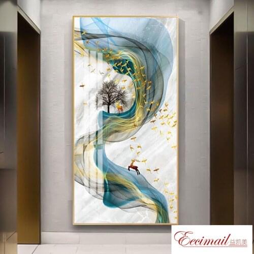 EECAMAIL DIY 5D Diamond Painting Fortune Deer Porch Vertical Diamond Embroidery Simple Modern Living Room Painting No Frame