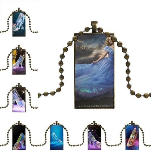 Cinderella Crystal Shoe For Girls Jewelry With Bronze Plated Glass Cabochon Choker Long Pendant Rectangle Necklace