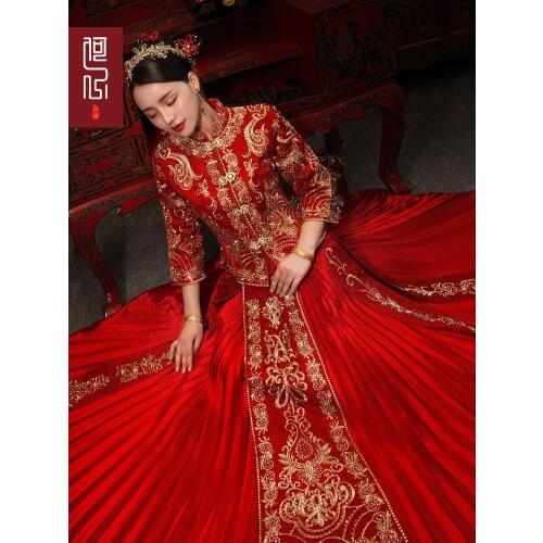 Chinese Wedding Dress Traditional Clothes High-quality Red Embroidery Banquet Vintage Modern Long Qipao китайская одежда