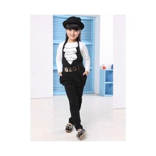 Retail Girls Clothing Set 2 pcs Cotton Suspenders & Long Sleeve White Ruffles T-Shirt for Children Spring Fall 2018 Black Brown