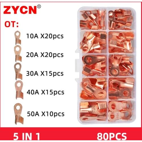 80pcs/120pcs OT-10A 20A 30A 40A 50A Dia Red Copper Circular Splice Ring Wire Terminal Naked Cable Connector Electrical Open Lugs