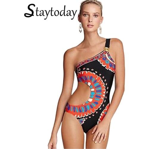 Swimsuit Women One Shoulder Crossbody Indian Style Printing One Piece Bikini Slim Sexy Girl Swimming Suit