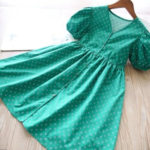 2021 summer baby girls green v collar dots cotton princess dress wholesale kids clothing