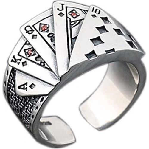 Retro silver square flush mens poker ring trend single ring domineering personality ring open index finger ring
