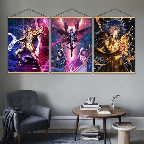 Wall Art Printed Canvas Modern Japanese Saint Seiya Animation Poster Solid Wood Hanging Scrolls Painting Nordic Hobby Home Decor