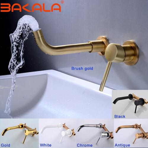 BAKALA Modern Brass Wall Mounted Bathroom Basin Faucet Wall Sink Swivel Spout Bath Mixer Tap Crane Brush golden Bronze Finished