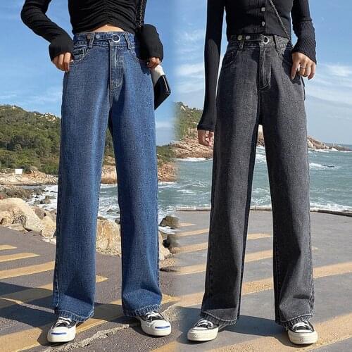 2020 New Black High Waist Straight Jeans Denim Pants Women Spring Casual Loose Wide Leg Jeans Trousers Girls Baggy Jeans Pants