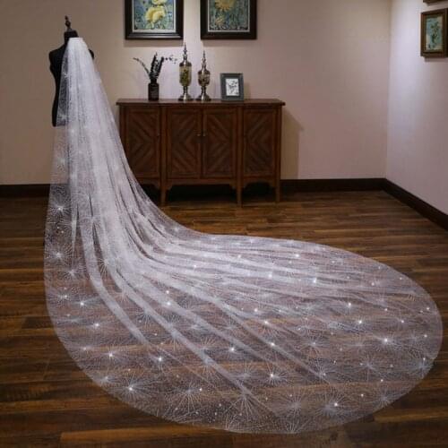 One-Layer Women White Trailing Long Wedding Veil Seashell Spray Glitter Rhinestone Cut Trim Luxury Starry Sky Bridal Veil