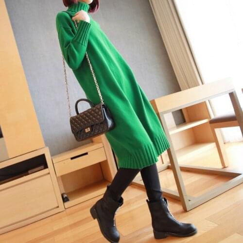 Turtleneck Thick Warm Cotton Knit Dress Ladies Solid Brief Long Sleeve Dress Women Knitted Sweater Office Dress Women Robe Pull
