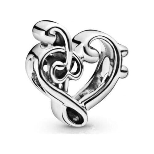 Genuine 925 Sterling Silver Bead Charm Heart Treble Clef Charm Fit Pan Bracelets & Necklace Women Diy Jewelry